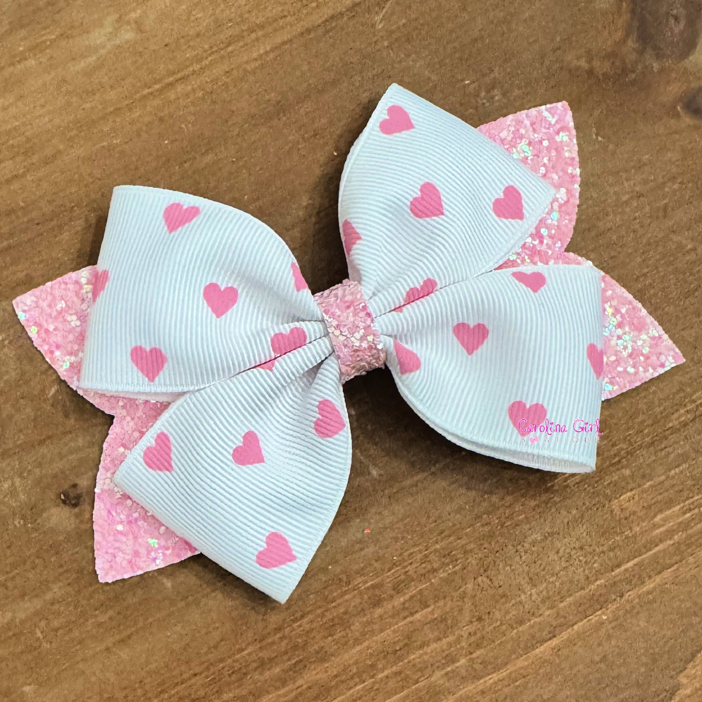 White with Pink Hearts Glitter Bow