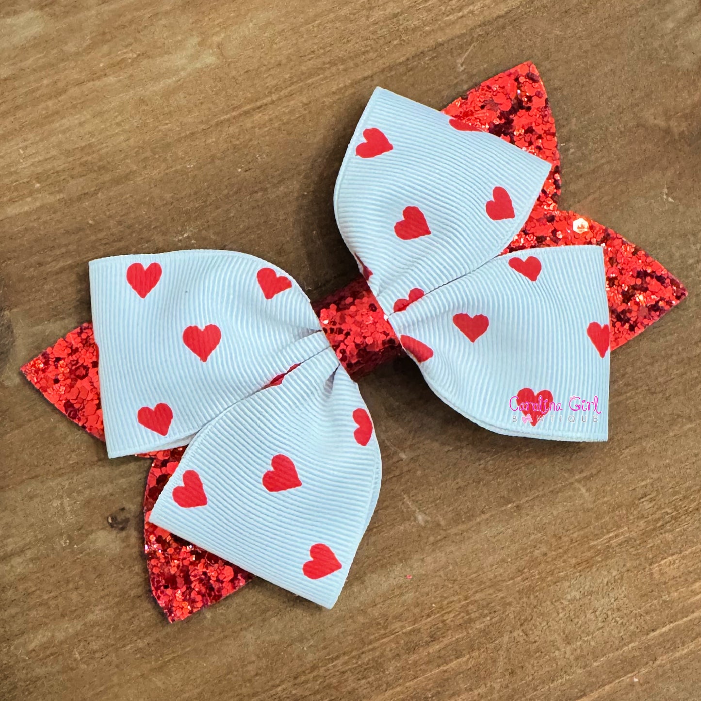 White with Red Hearts Glitter Bow