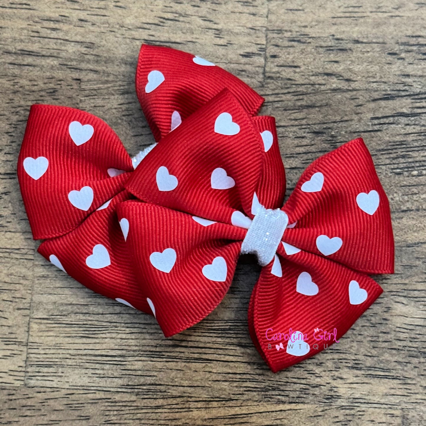 Red with White Hearts Pigtail Bows