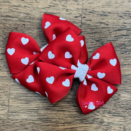 Red with White Hearts Pigtail Bows