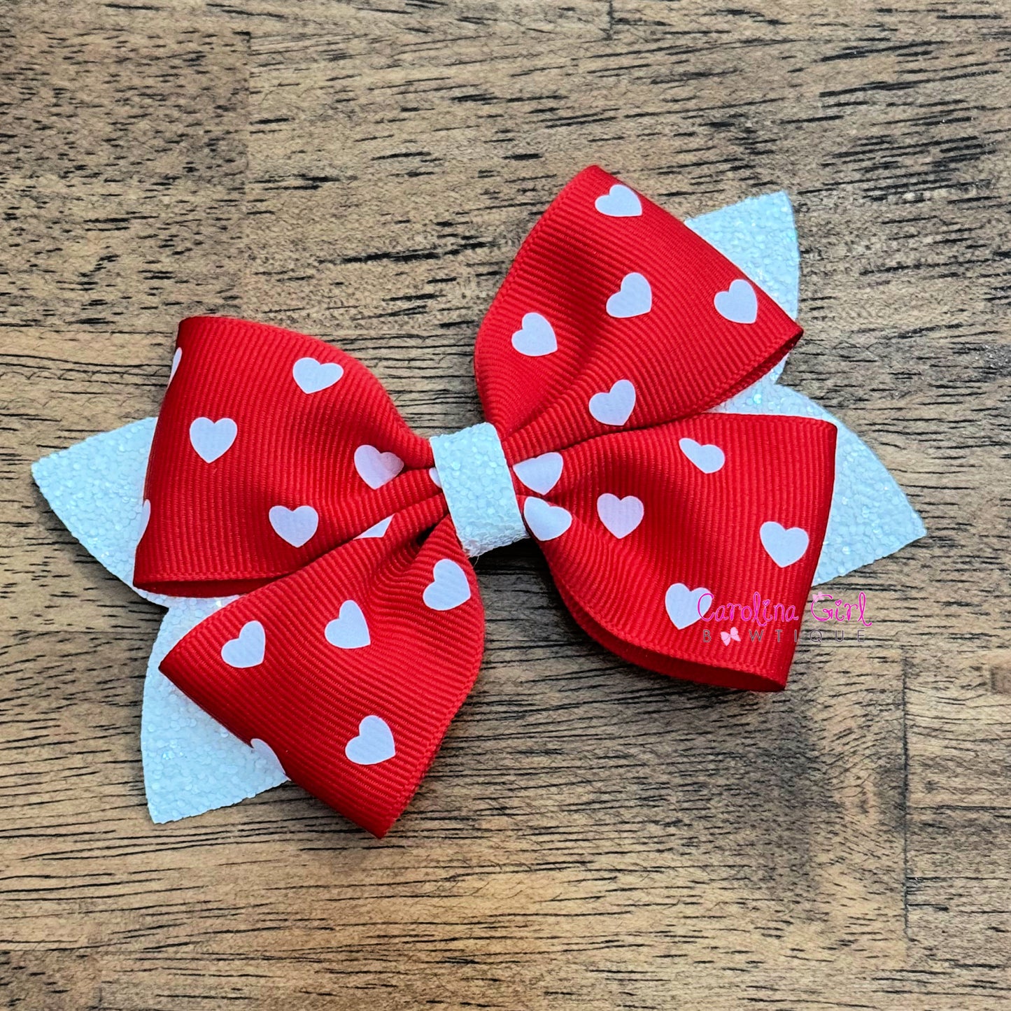 Red with White Hearts Glitter Bow